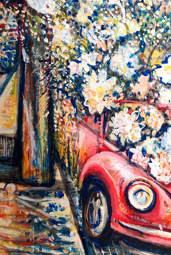 Vintage Car and Blooming Tree