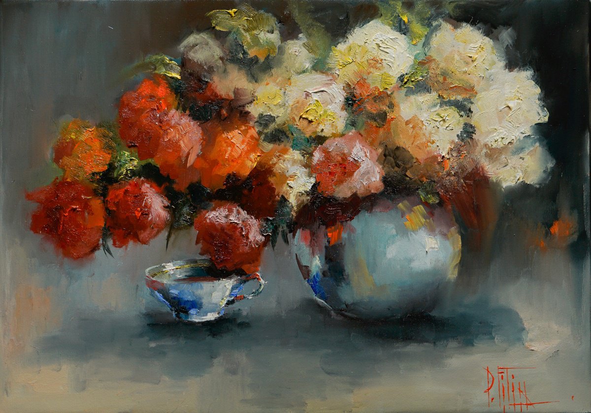 Impressionistic Still Life Oil Painting By Pavel Filin, 22 X 15", Summer Bouquet, Original Artwork