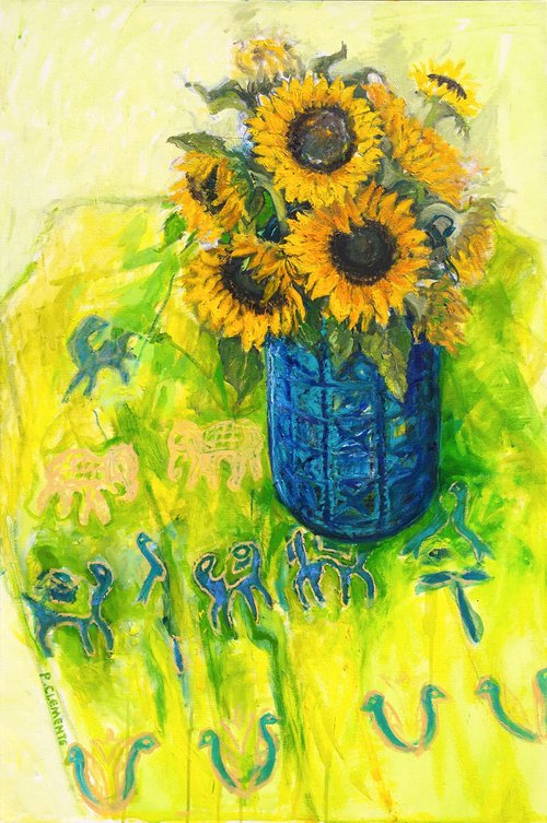 Sunflowers with African cloth by Patricia Clements