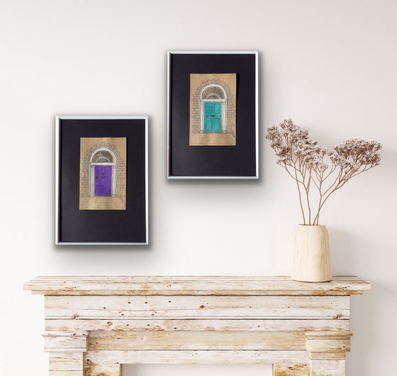 Violet and turquoise doors - Set of 2 architecture mixed media drawings in frames