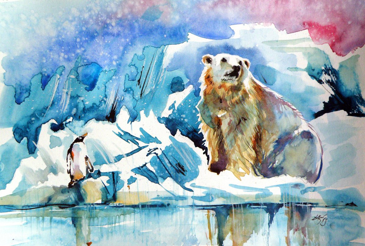 Impressionistic Animal Watercolour By Kovacs Anna Brigitta, 10 X 7", Polar Bear And Penguin, Original Artwork