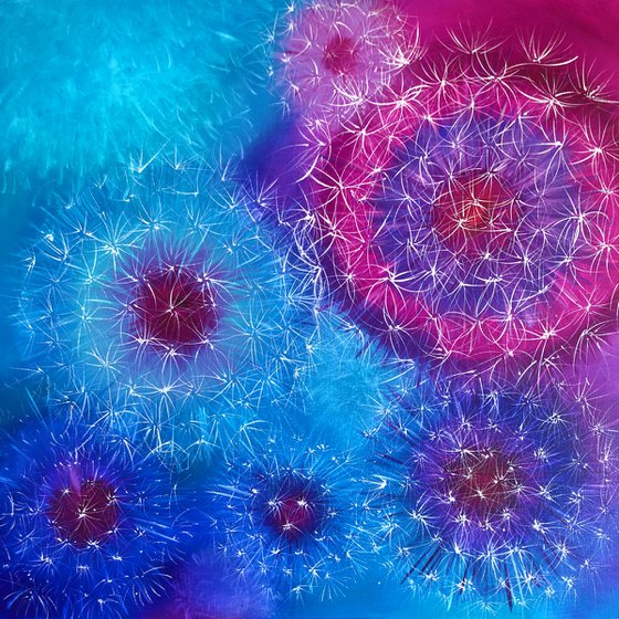 BLUE SPACE - Dandelions. Abstraction. Botanical. Pink. Indigo. Umbrella dandelions. Openwork. Macro flowers. Ultramarine.