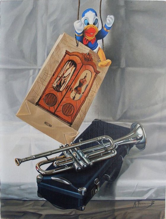 Still life with Disney Donald Duck soft toy and trumpet