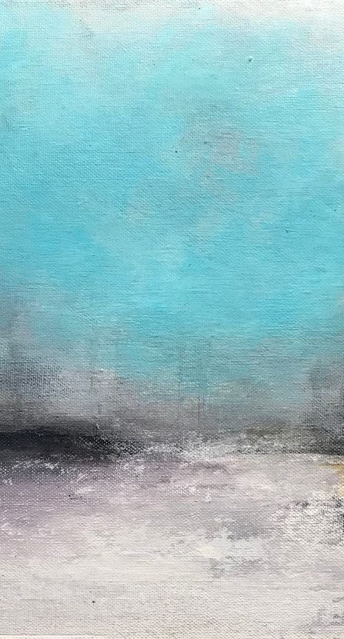 Abstract landscape misty winter forest atmospheric with gold leaf turquoise blue and gold "Another dream" by Henrieta Angel