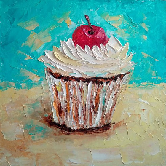 Cupcake Painting Original Art Dessert Artwork Impasto Small Food Wall Art 8 by 8