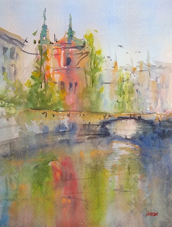 The familiar vibrancy of Ljubljana | Original watercolor painting