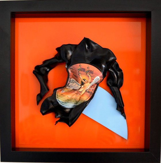 Box Frame Wall Mounted Figurative Abstract Vinyl Music Record Sculpture Orange & Blue