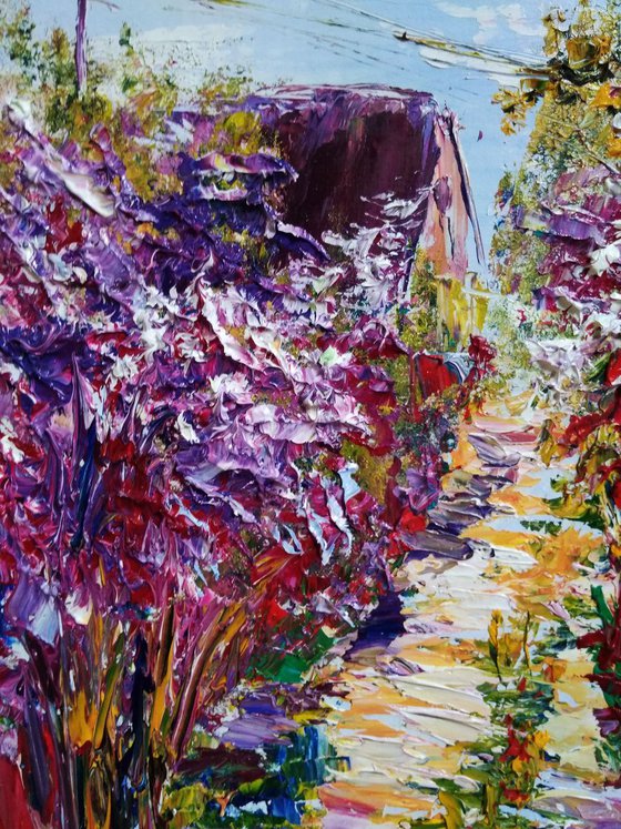 Street in Village with Flowering Lilac trees Plein Air Painting