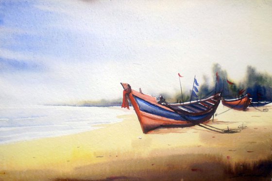 Fishing Boats at Seashore-Watercolor on Paper