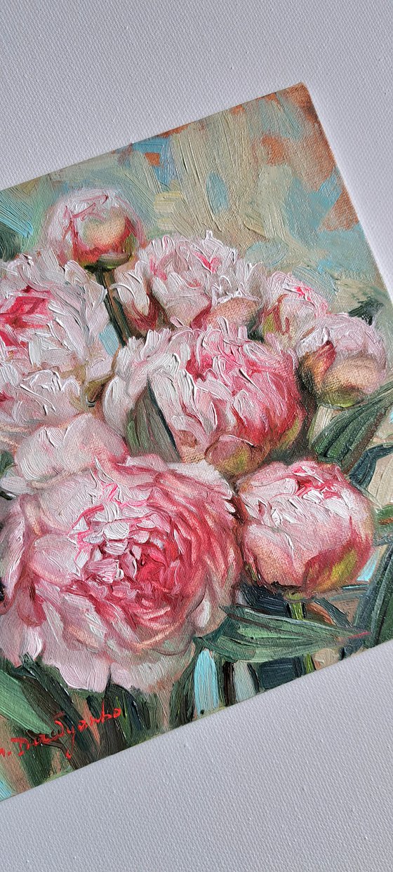 Peony oil painting original canvas art, Pink flowers painting small sizel