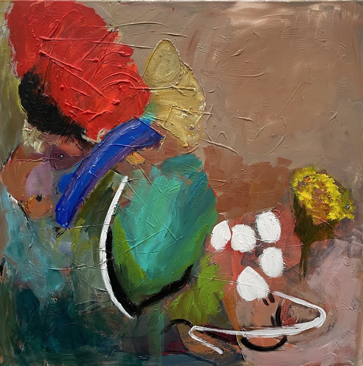 Abstract Acrylic Painting By Sylvie Dodin, 39 X 39", Red Color, Original Artwork