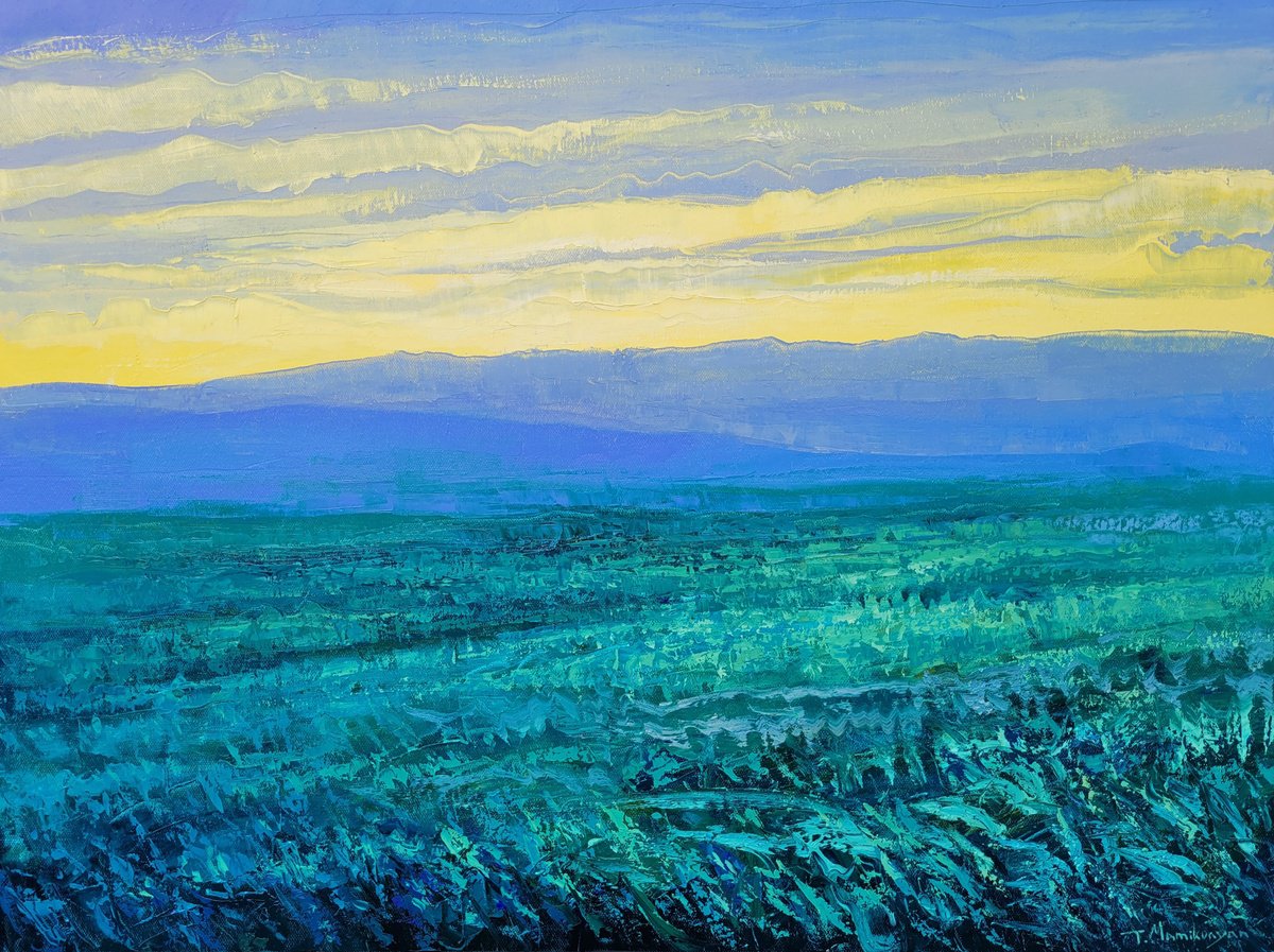 Impressionistic Landscape Oil Painting By Tigran Mamikonyan, 31 X 24", Green Field At Sunrise 60X80Cm, Original Artwork