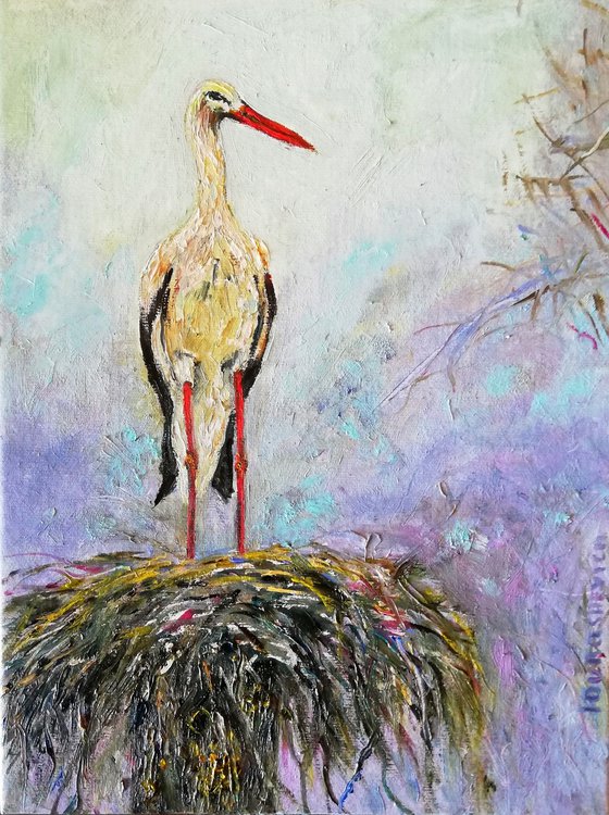 "Before the Flight" Stork Original Oil Painting 10x7"