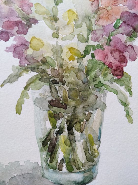 Bouquet. Antirrhínum.  Original watercolor painting.