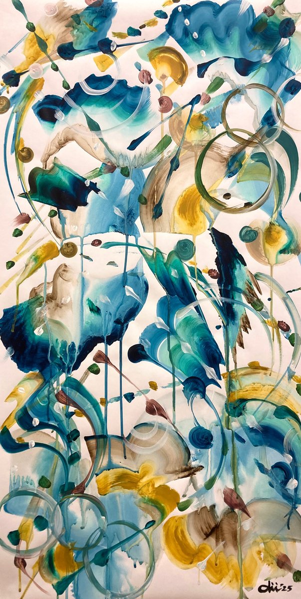 Organic Abstract Acrylic Painting By Daichi Matsusaki, 20 X 39, Color Dance 060125, Original Artwork