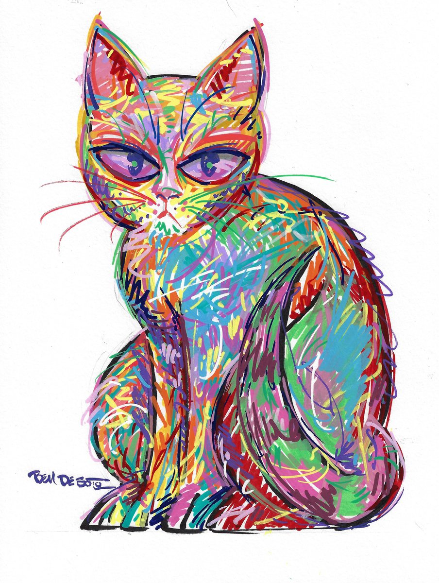 Animal Acrylic Painting By Ben De Soto, 9 X 12, Cat, Original Artwork