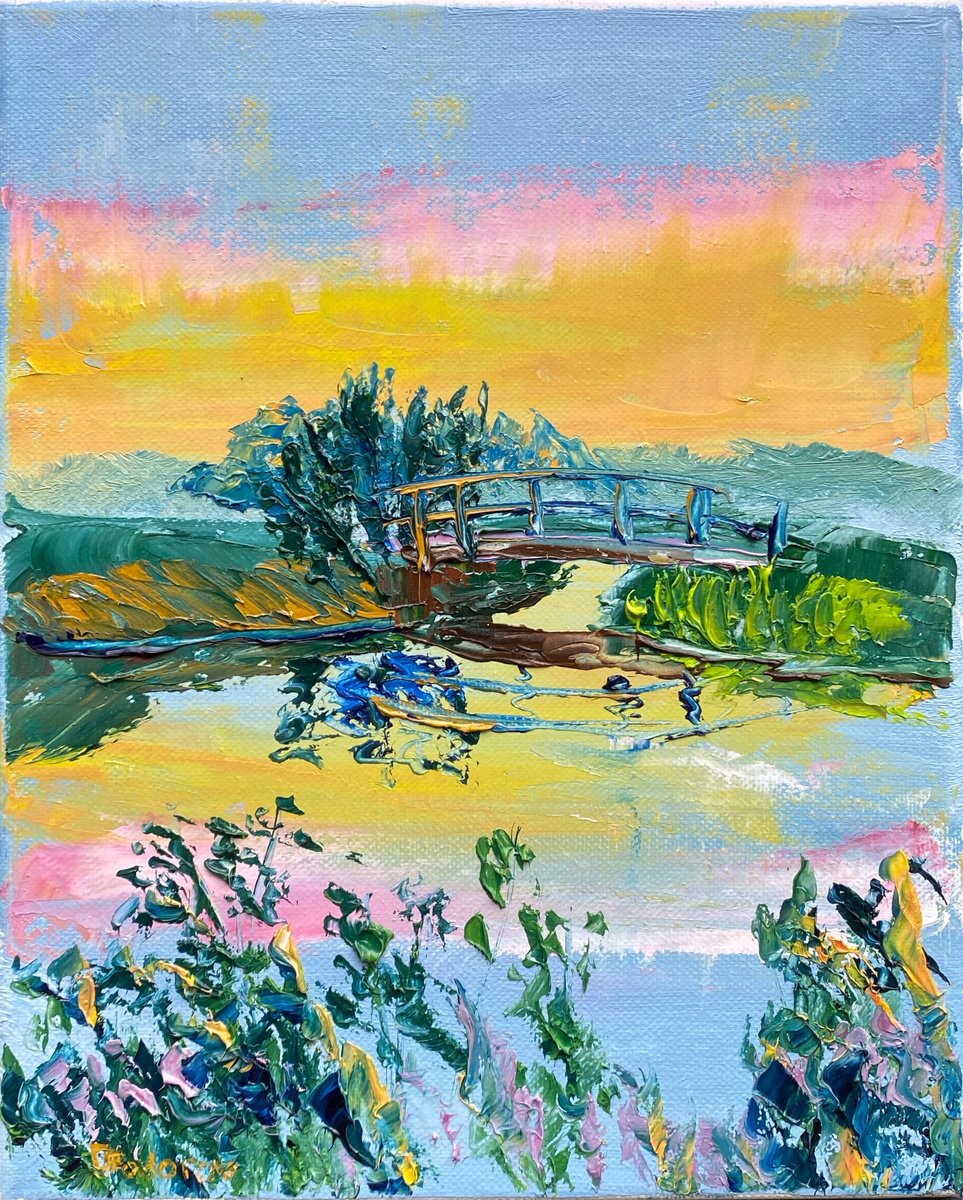 Impressionistic Landscape Oil Painting By Dmitry Fedorov, 10 X 12, Small Bridge At Sunset, Original Artwork