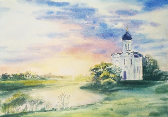 Watercolor painting Landscape Sunset River Temple