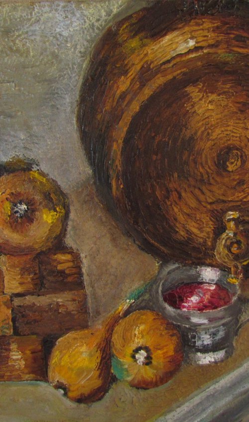 Still life with a barrel of wine by Viktoriia Pidvarchan