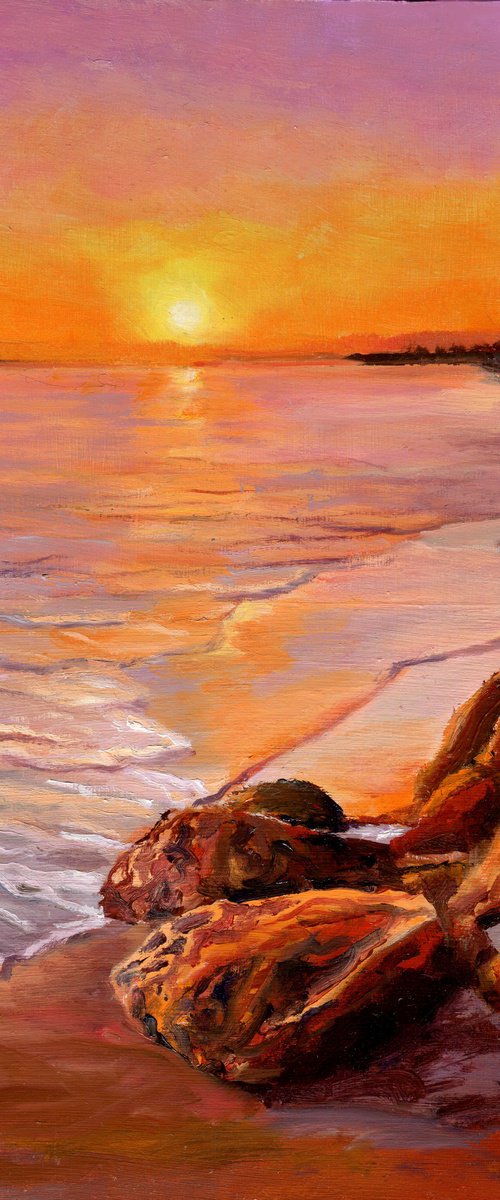 Sunset beach seascape with rocks by Lucia Verdejo