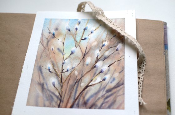 Spring Willow in watercolor, Miniature painting