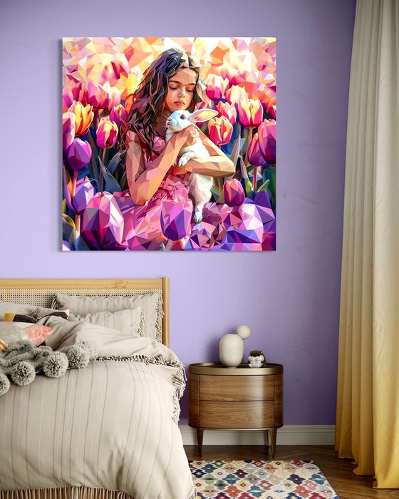 GIRL WITH RABBIT AND TULIPS