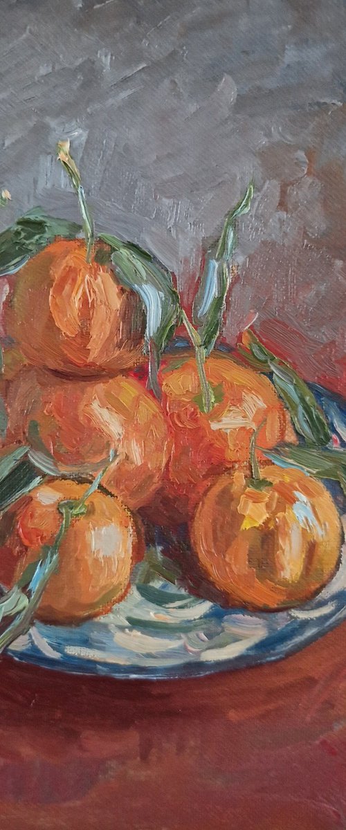 Still life with fruits "Tangerines on red" by Olena Kolotova