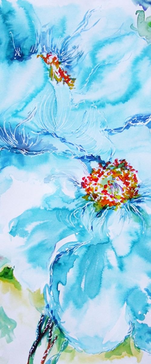 Abstract blue flowers / Watercolour by Anna Sidi-Yacoub