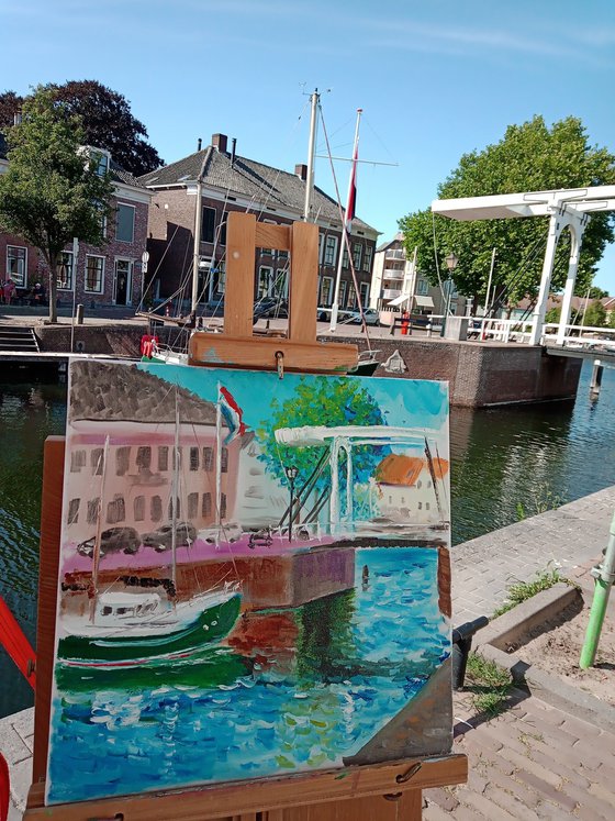 Yachts by the drawbridge in Goes, Nederland/ Plain air