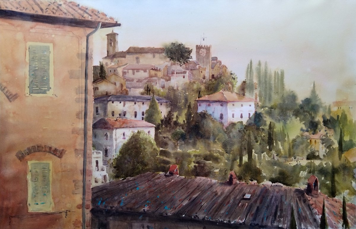 Impressionistic Cityscapes Watercolour By Nenad Kojic, 37 X 24", Montekatini In Green Italy, Original Artwork