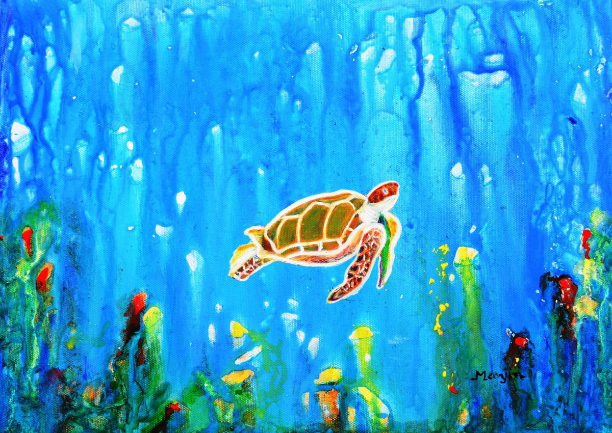 Underwater Magic 5-Happy Turtle excellent gift for fun decor by Manjiri Kanvinde