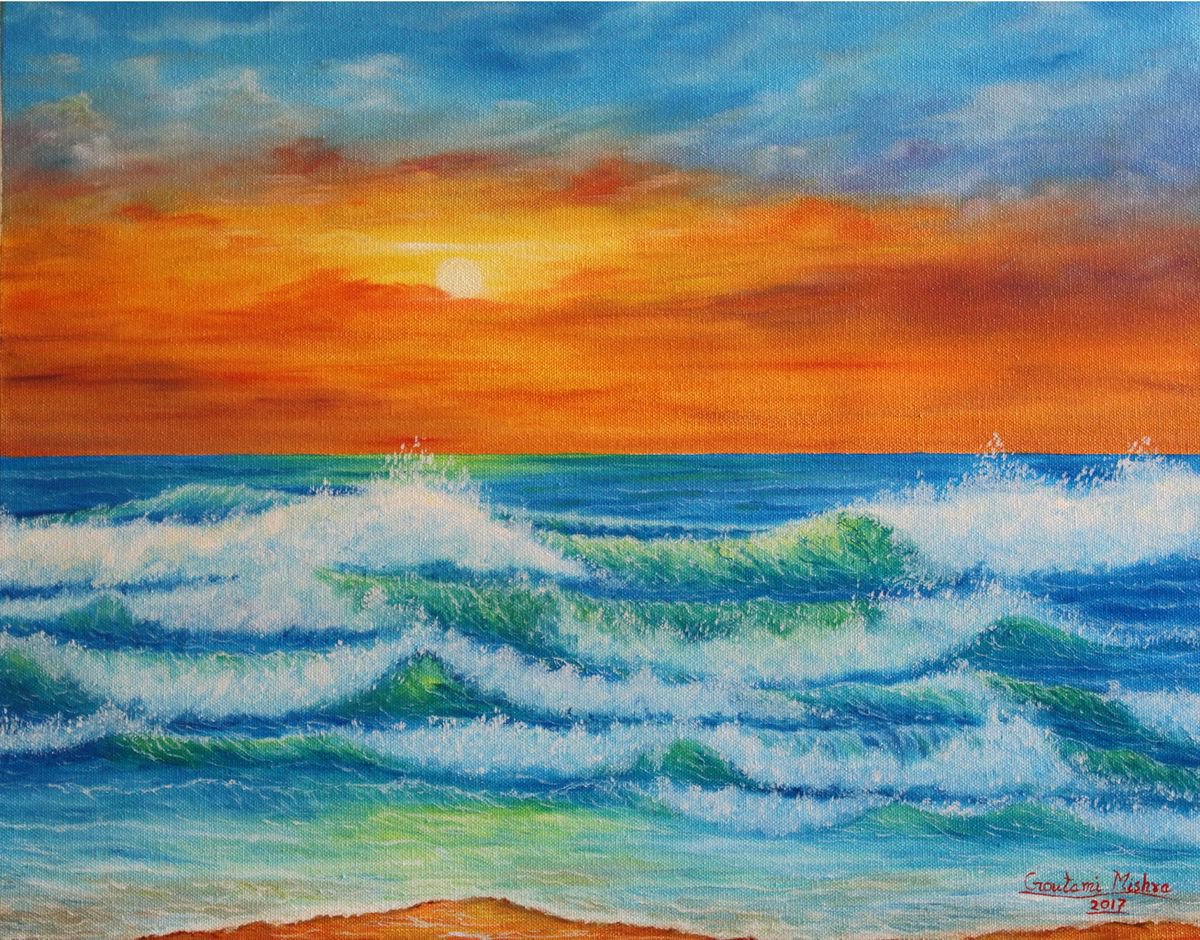 Emerald Green Sea Waves at Sunset by Goutami Mishra