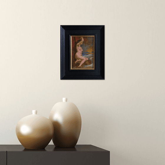 Old Master style female nude figure oil painting, with wooden frame.