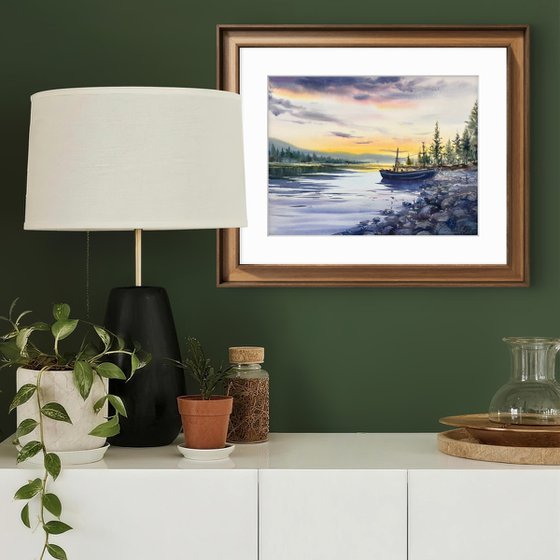 A lonely boat at sunset