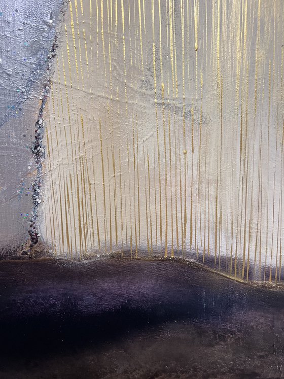 Abstract landscape painting "Distorted reality" neutral colors earth tones gold and glitter brown gold silver