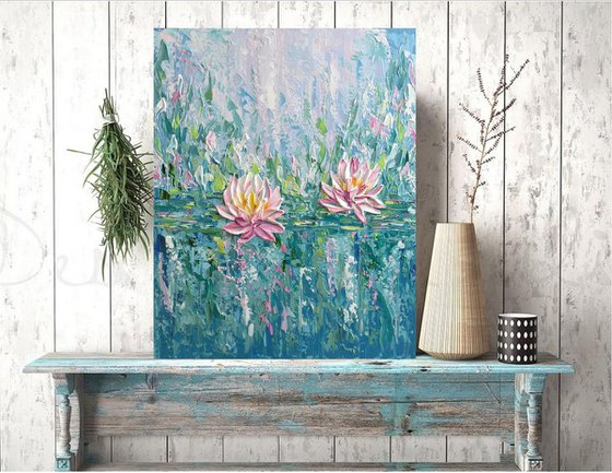 Pink Water Lilies - Impasto Acrylic Flower Painting(2019)