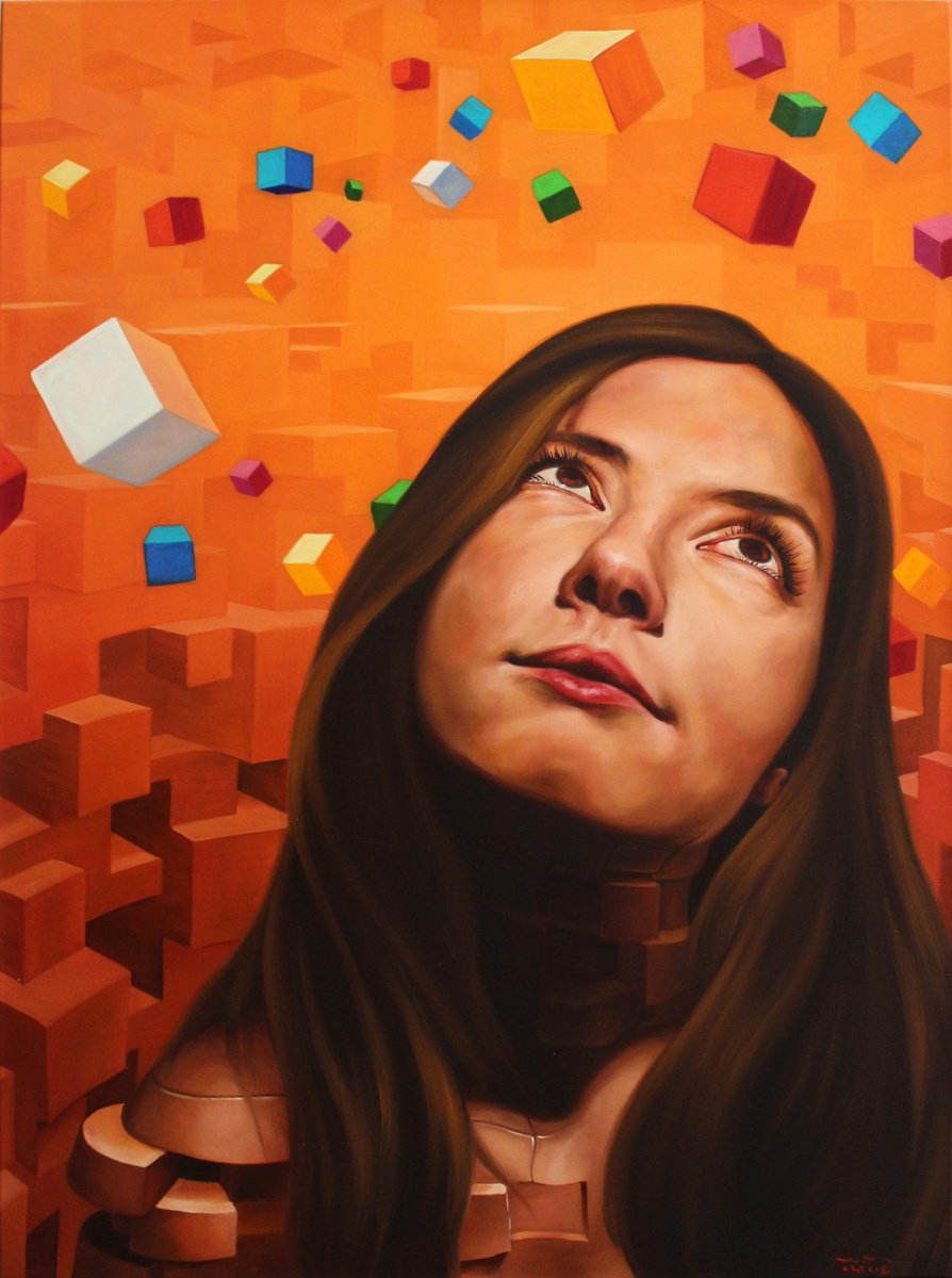 Surrealistic Portrait Oil Painting By Ivan Gejko, 35 X 47, Der Wirbelsturm I, Original Artwork