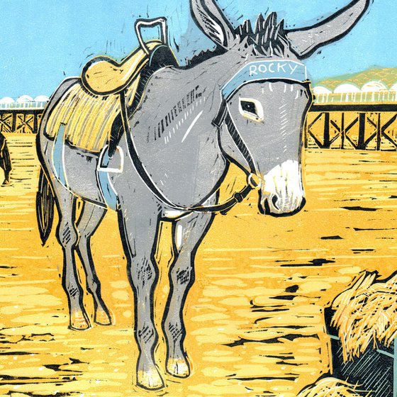 Donkeys at Weston Beach. Limited Edition large linocut