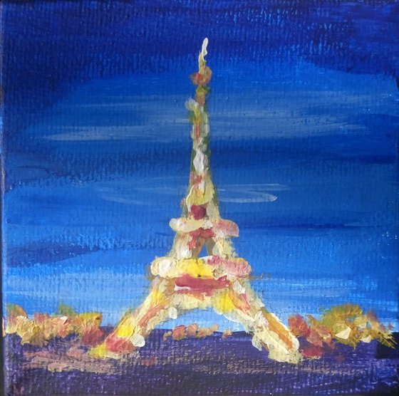 Paris night. (Small romantic gift idea original miniature actylic painting of Eifel tower with lights on dark evening background.)