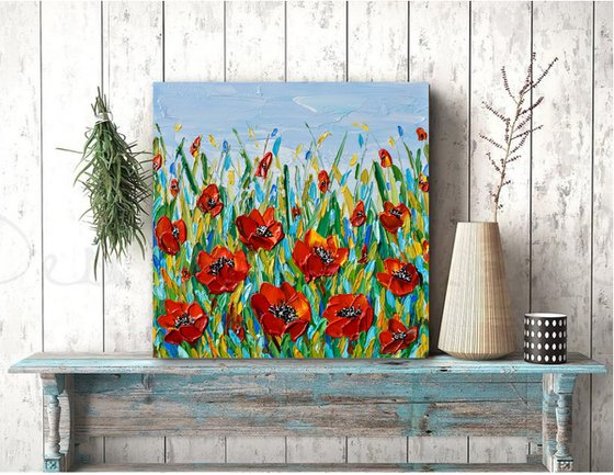 Poppies Meadow- Original Impasto Floral Painting, Palette Knife Textured Wall Art Canvas