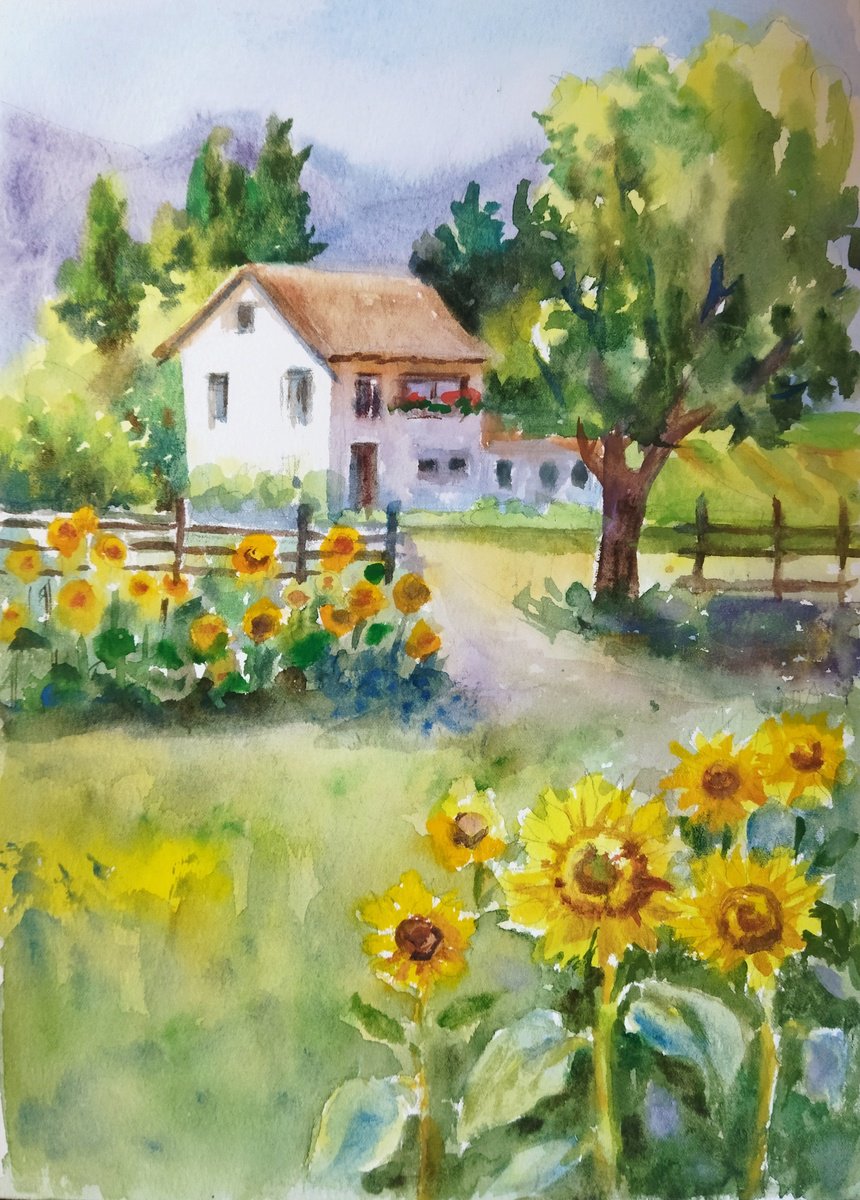 Impressionistic Landscape Watercolour By Ann Krasikova, 7 X 11, Sunlit Garden, Original Artwork
