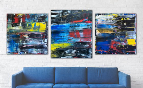 "An Orgy Of Pain" - Save As A Series - Original Xt Large PMS Abstract Acrylic Painting Triptych on Artist-Stretched Canvas - 108" x 42"