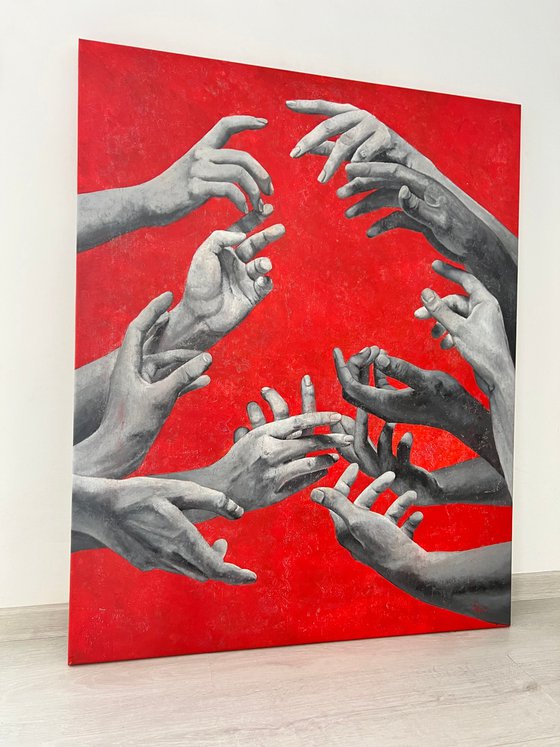 Infinity | Large Painting With Monochrome Hands On A Red Background