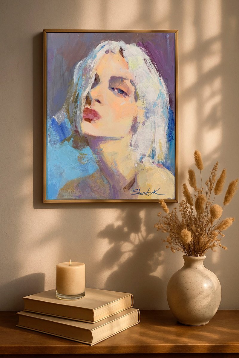 Impressionistic Portrait Acrylic Painting By Tetiana Shendryk, 12 X 16", Blue Reverie, Original Artwork
