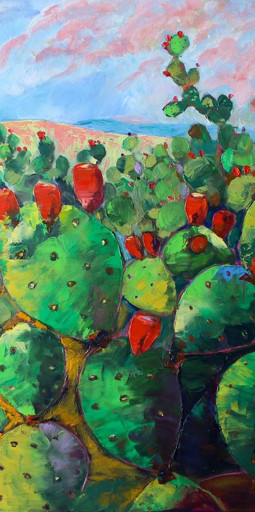 Desert cactus - Cactus oil painting landscape by Ola Bogakovsky