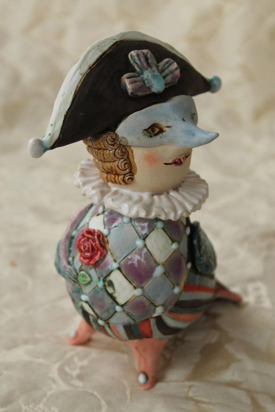 Harlequin Bird. Ceramic sculpture