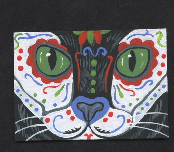 ACEO ATC Original Day of the Dead Sugar Skull Painting Black Cat Pet Art-Carla Smale