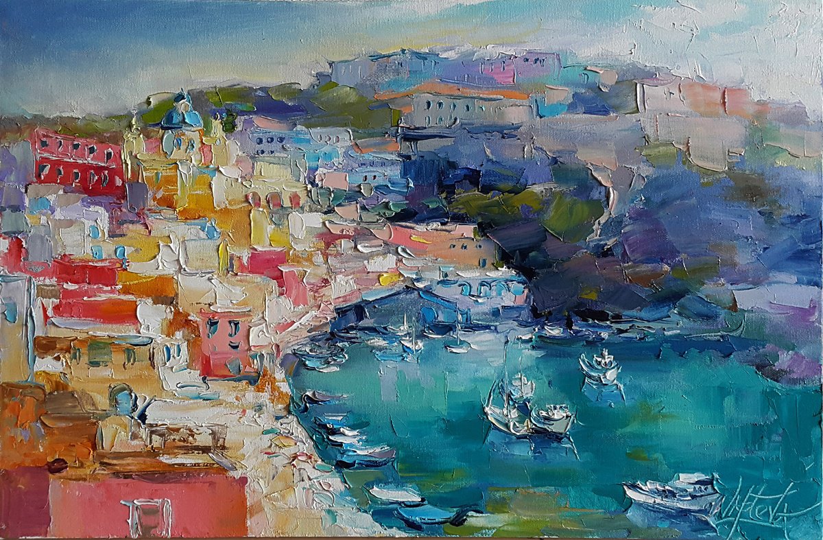Impressionistic Landscape Oil Painting By Viktoria Lapteva, 24 X 16", Procida Trip To Italy, Original Artwork