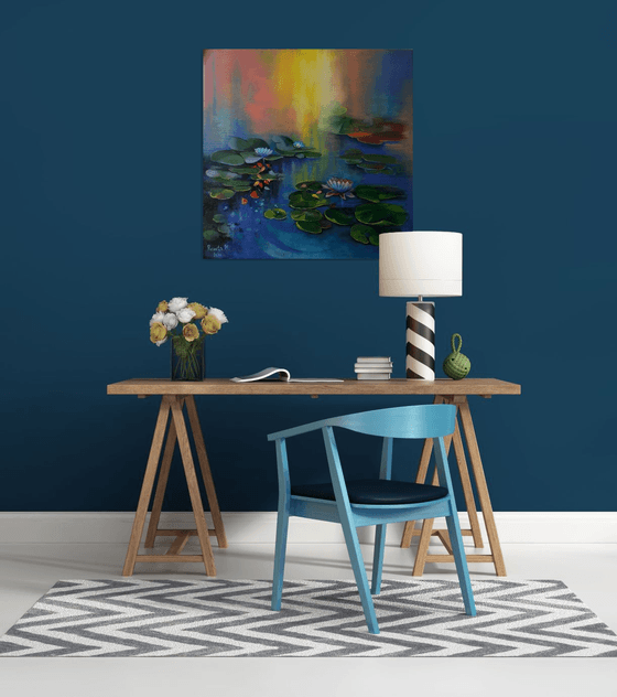 " Water Lilies " - 80 x 80cm Original Oil Painting