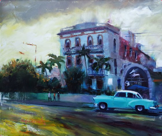 Havana Cuba Cityscape, Movie Scene, Vintage Cuban Car on Street, City View of Havana Oil Painting, Ready to Hang